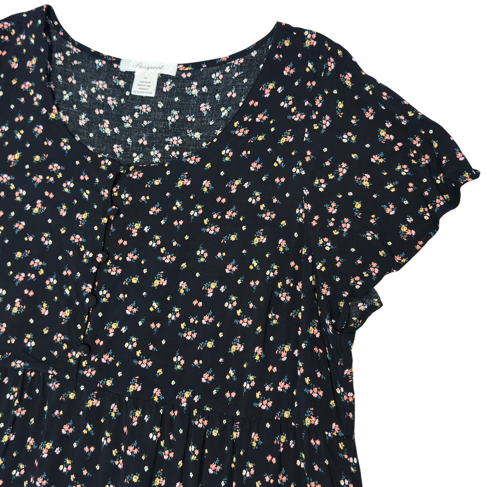 Passport Babydoll Dress Women 3X Black Floral Ruffle Button Front Fairy Goth 90s